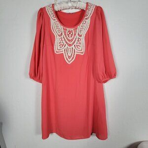 Moonlight Womens Crochet Lace Neck 3/4 Sleeve A-Line Dress Medium Coral Boho USA